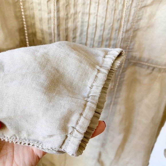 AVEC Women's Tan Linen V-Neck Long Sleeve Pleated Bodice Pop Over Blouse sz M - Picture 4 of 8